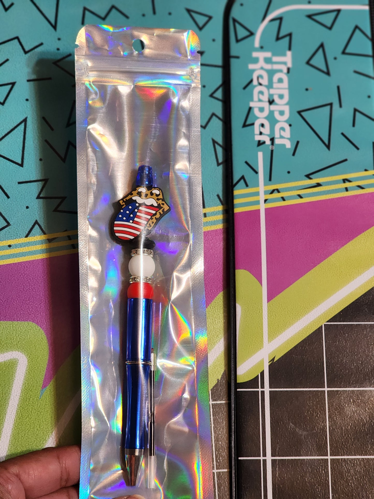 Custom Made American Flag Tongue Cheetah Print Beaded Writing Pen - ONLY 1 Available