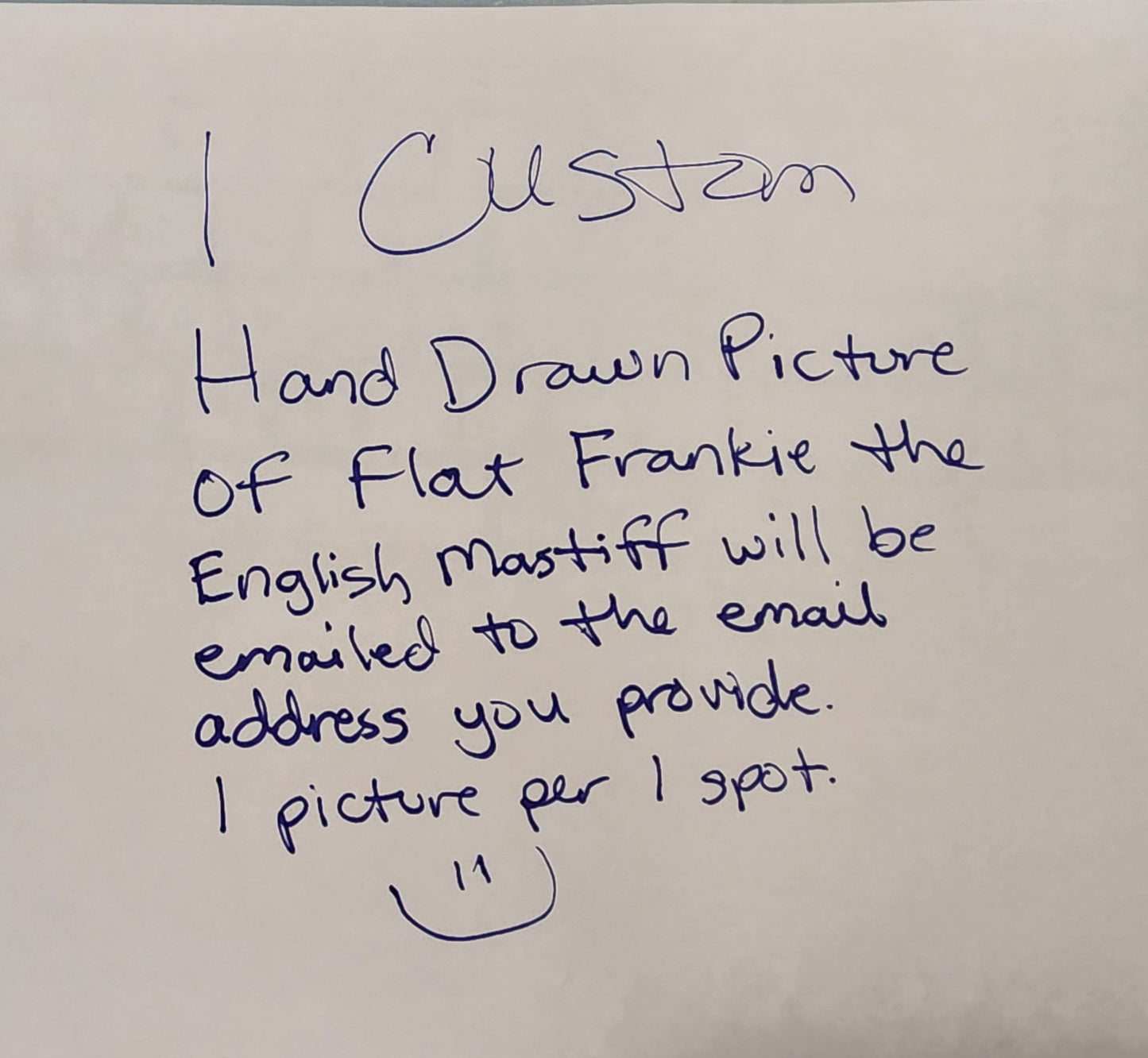 Custom Hand Drawn Picture of Flat Frankie - 1 picture per spot to be emailed to you