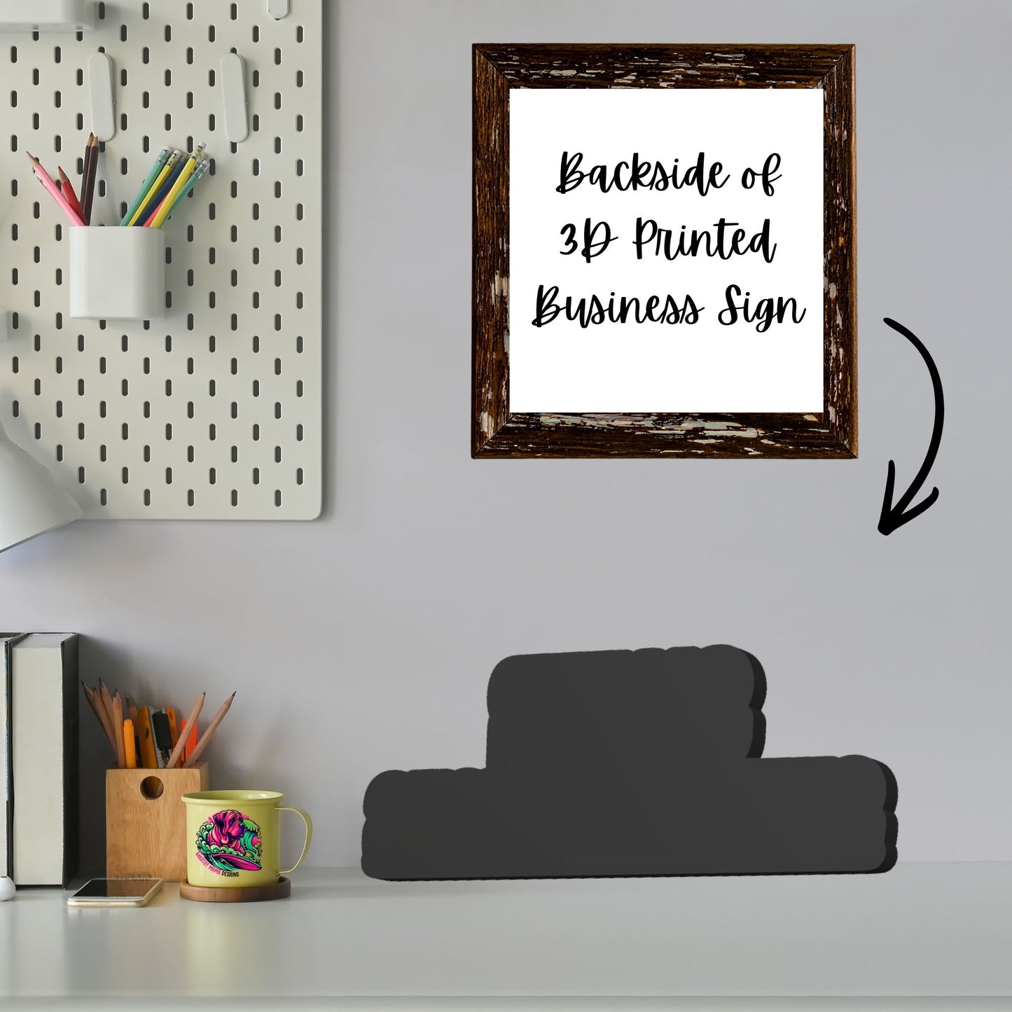 Backside view of sturdy freestanding personalized 3D business sign with black base