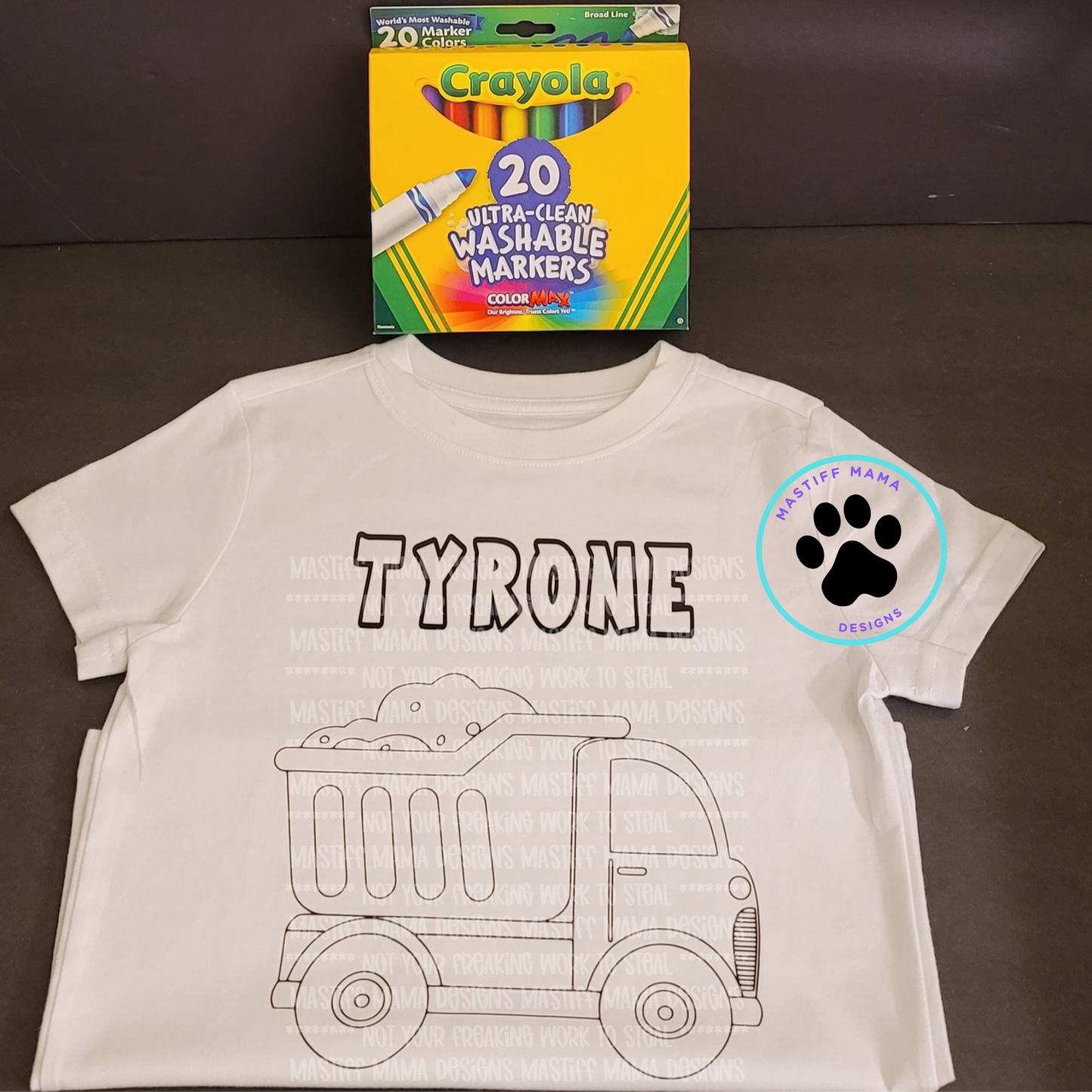 Personalized Youth Dump Truck White Short Sleeve Coloring Shirt With or Without Washable Markers