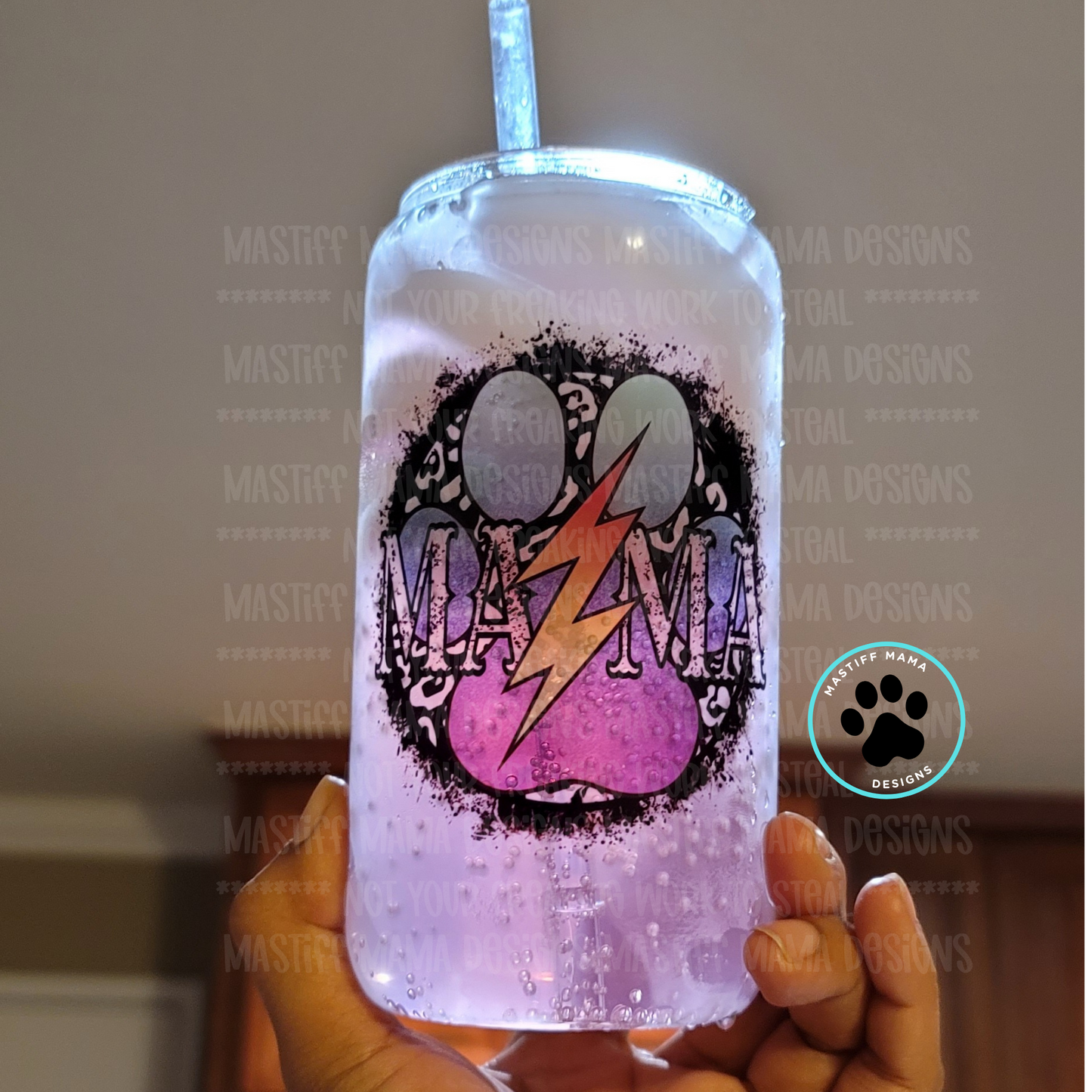 Mama Aqua Purple Paw Lightning Bolt Clear 16 oz Glass Can