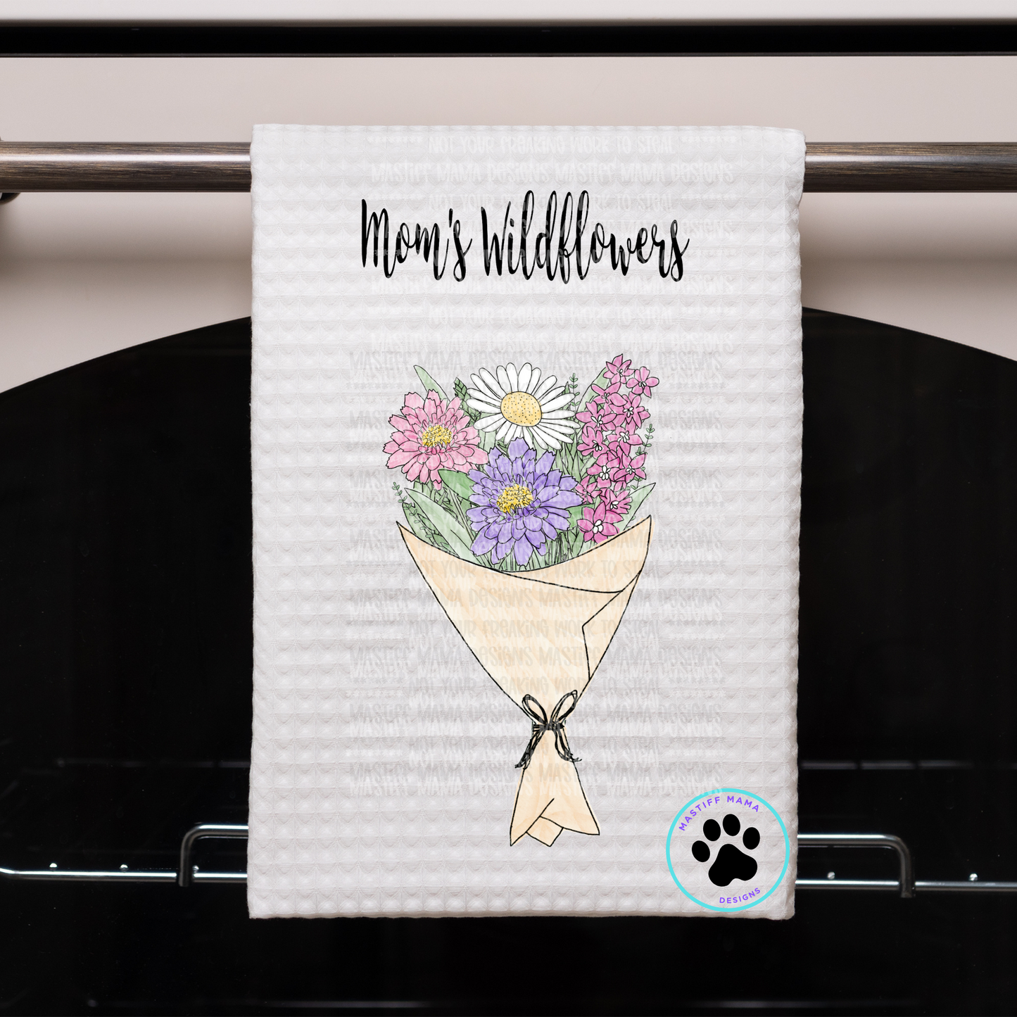 Mom's Wildflowers Custom Birth Month Flower Bouquet on Waffle Kitchen Towelv- One Sided Design