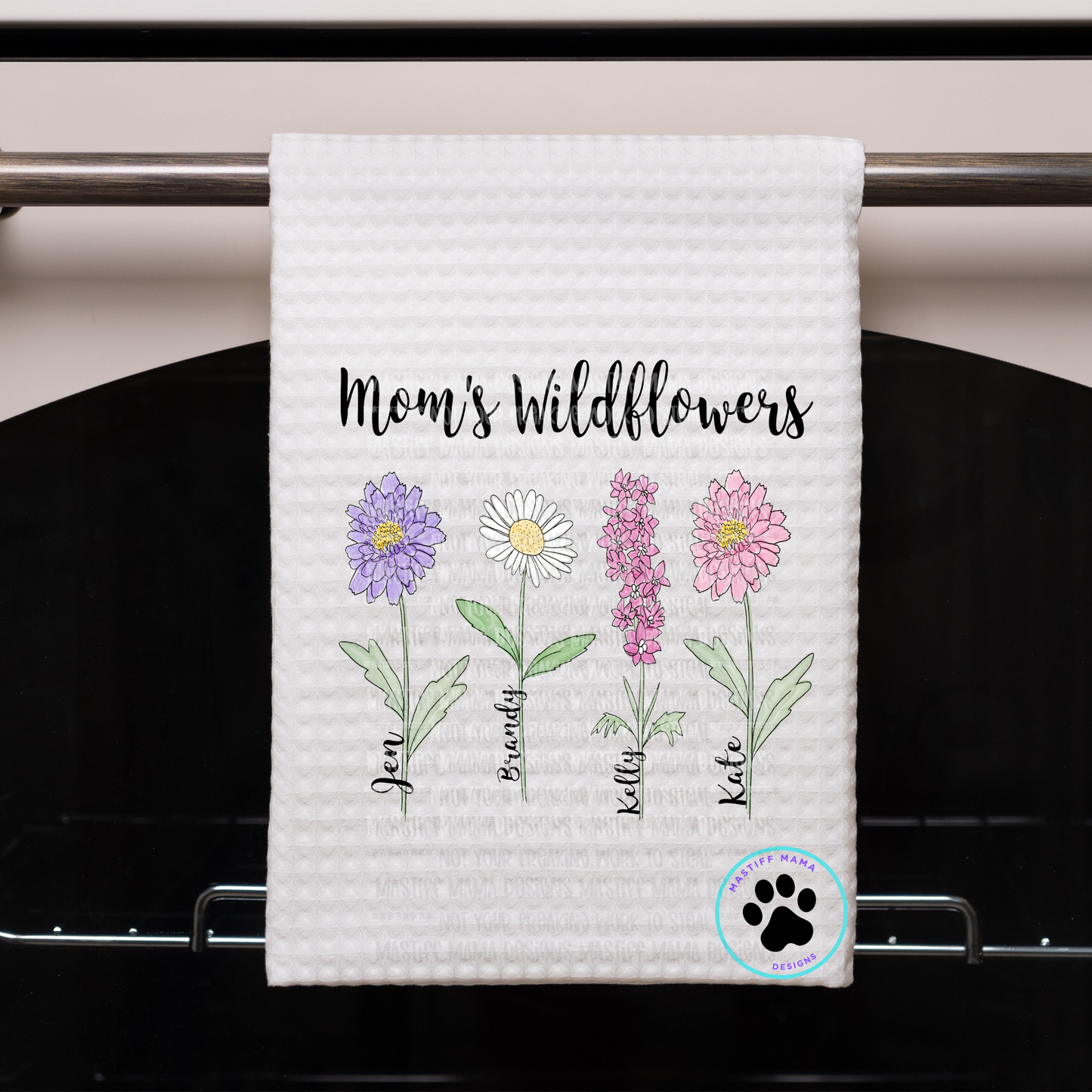 Mom's Wildflowers Custom Birth Month Flowers and Names on Waffle Kitchen Towel - One Sided Design