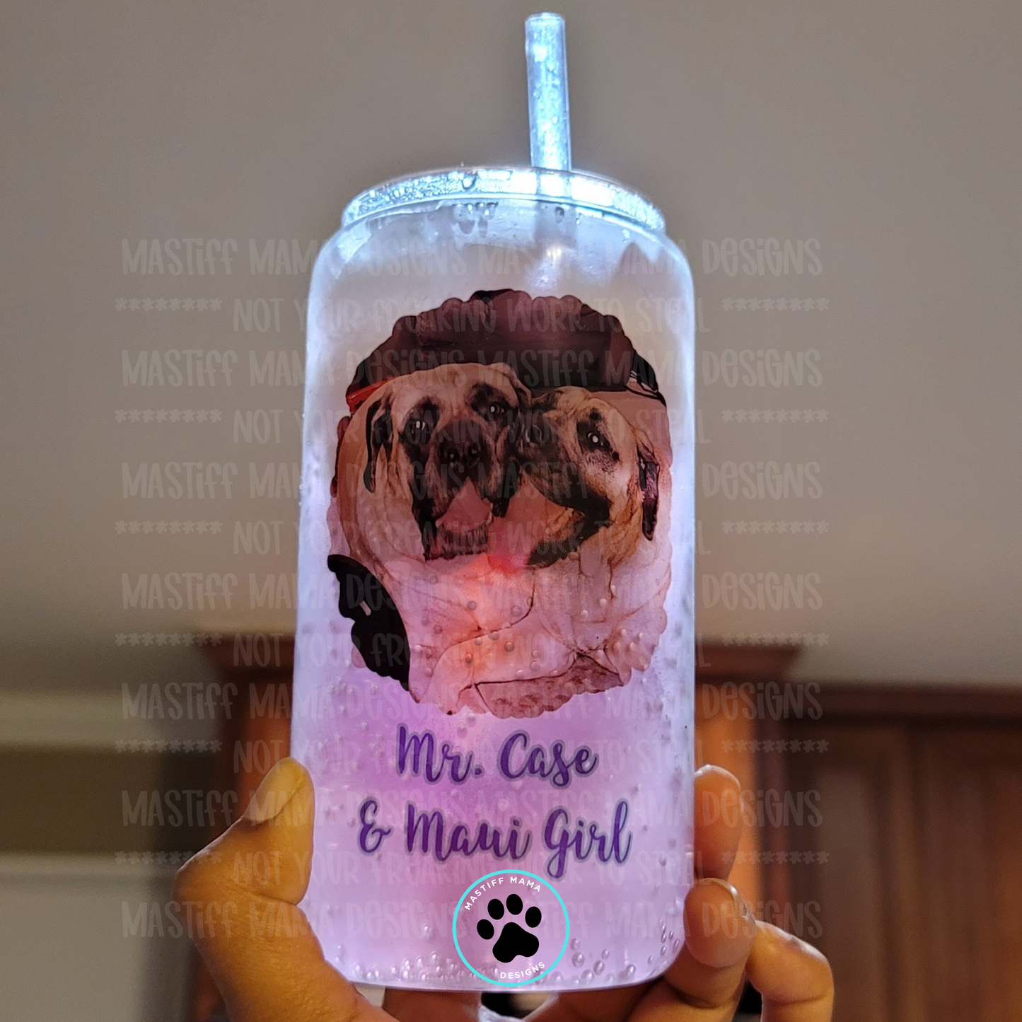 Custom 1 Pet Photo with name(s) Clear 16 oz Glass Can