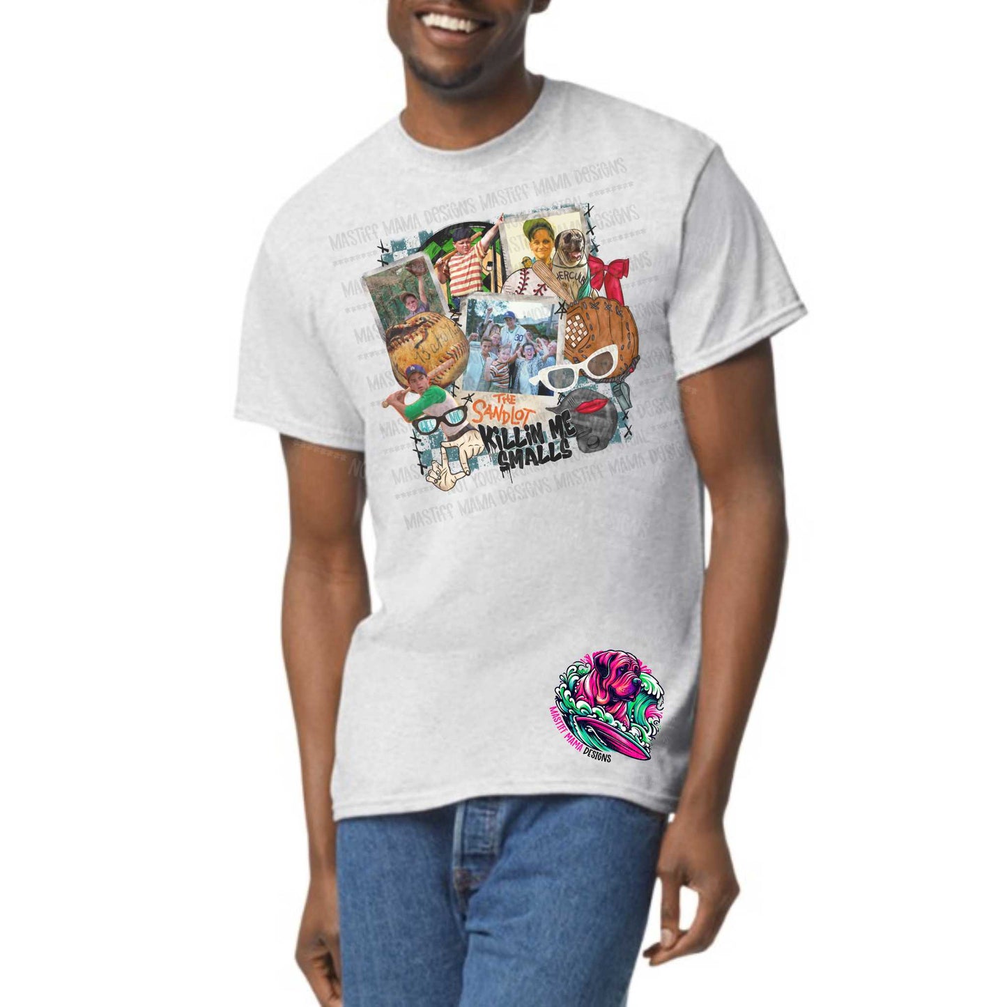 Grey Shirt with Killin Me Smalls Phrase Baseball Dog Mastiff