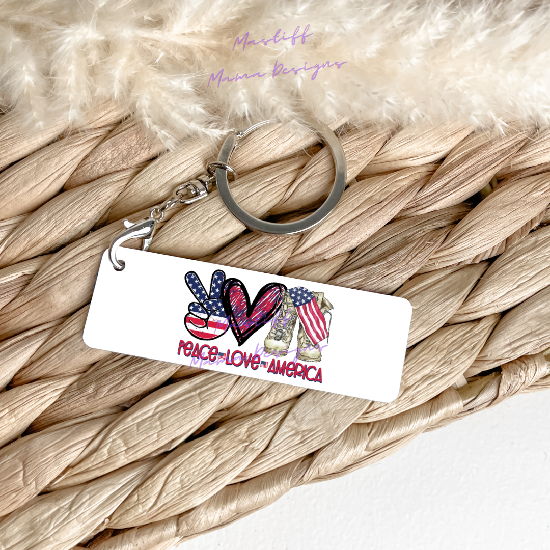 Peace Love America Rectangle Aluminum Keychain