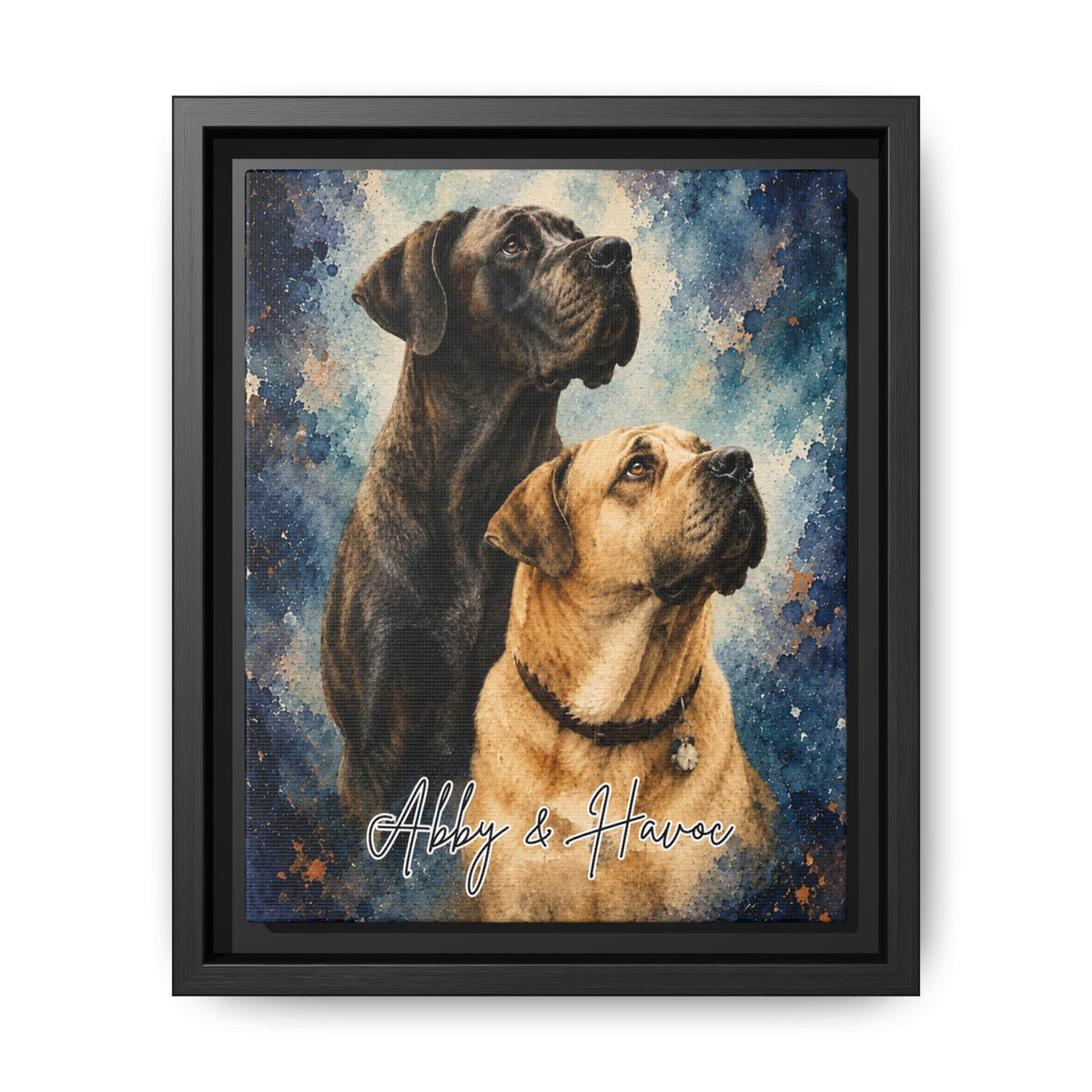 Custom watercolor pet portrait framed canvas featuring Abby and Havoc, two mastiffs, against a blue and copper watercolor-inspired background with personalized names.