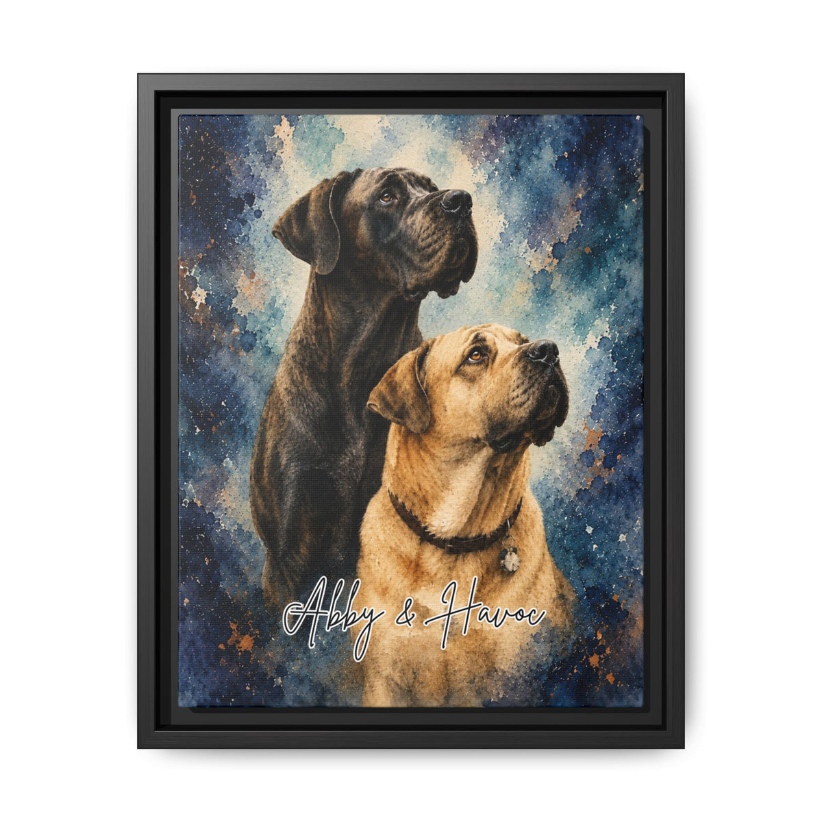 Custom watercolor pet portrait framed canvas featuring Abby and Havoc, two mastiffs, against a blue and copper watercolor-inspired background with personalized names.