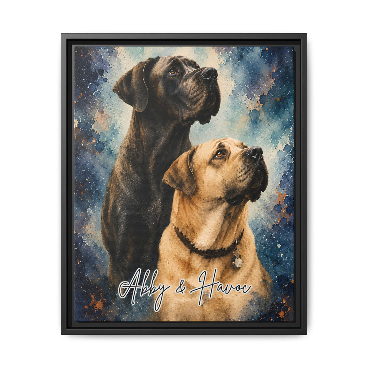 Custom watercolor pet portrait framed canvas featuring Abby and Havoc, two mastiffs, against a blue and copper watercolor-inspired background with personalized names.