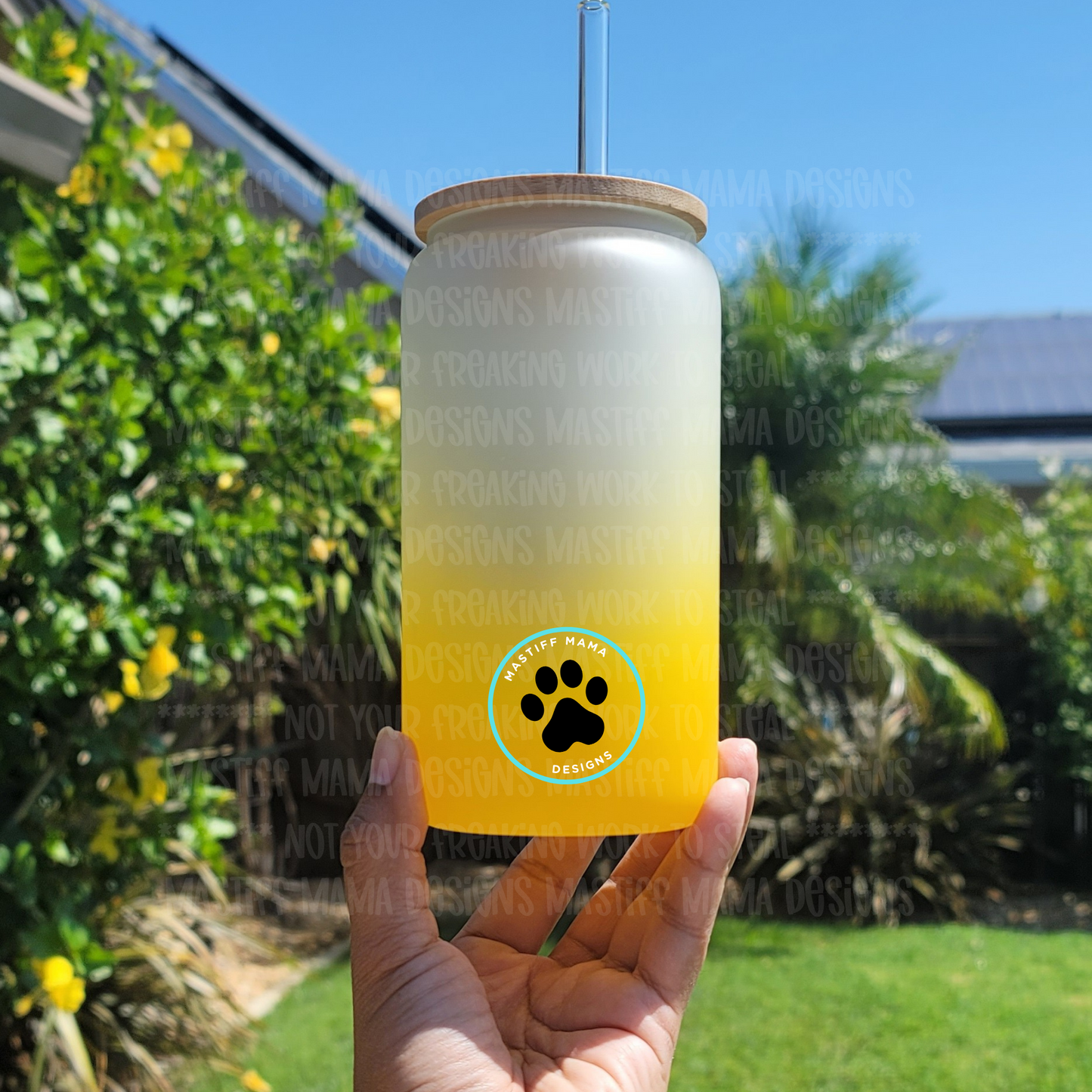 Sunflower Skull Face Bee two tone yellow frosted 16 oz Glass Can - ONLY 1 Available