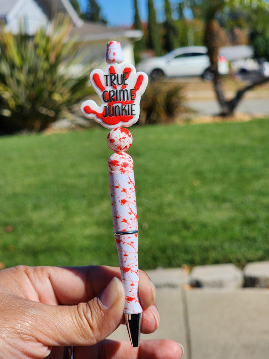 Custom Made True Crime Junkie Beaded Writing Pen - ONLY 1 Available