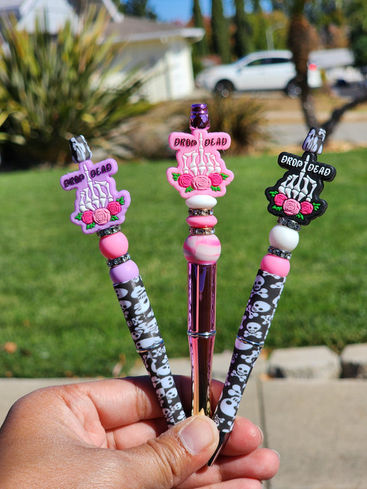 Custom Made Drop Dead FU Skeleton Hand with Roses Beaded Pen 3 Colors