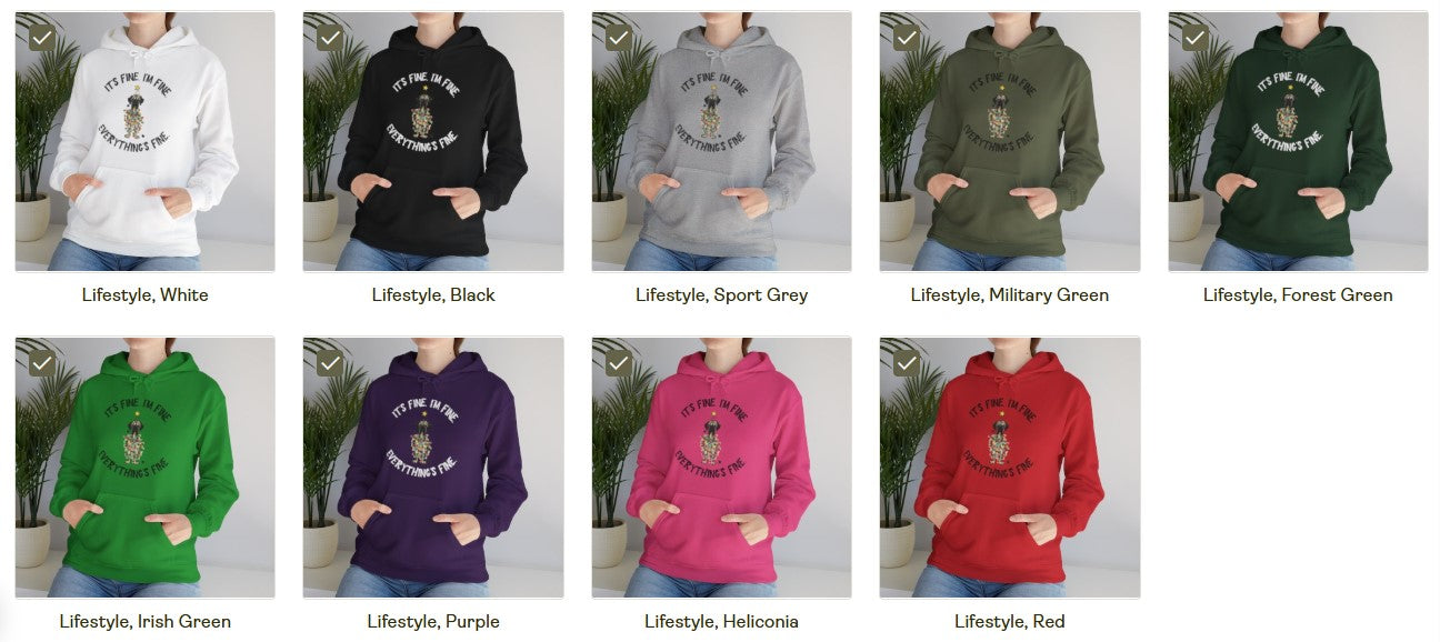 DTG Flat Frankie It's Fine I'm Fine Everything's Fine Christmas Unisex Hoodie - Use Drop Down to pick color