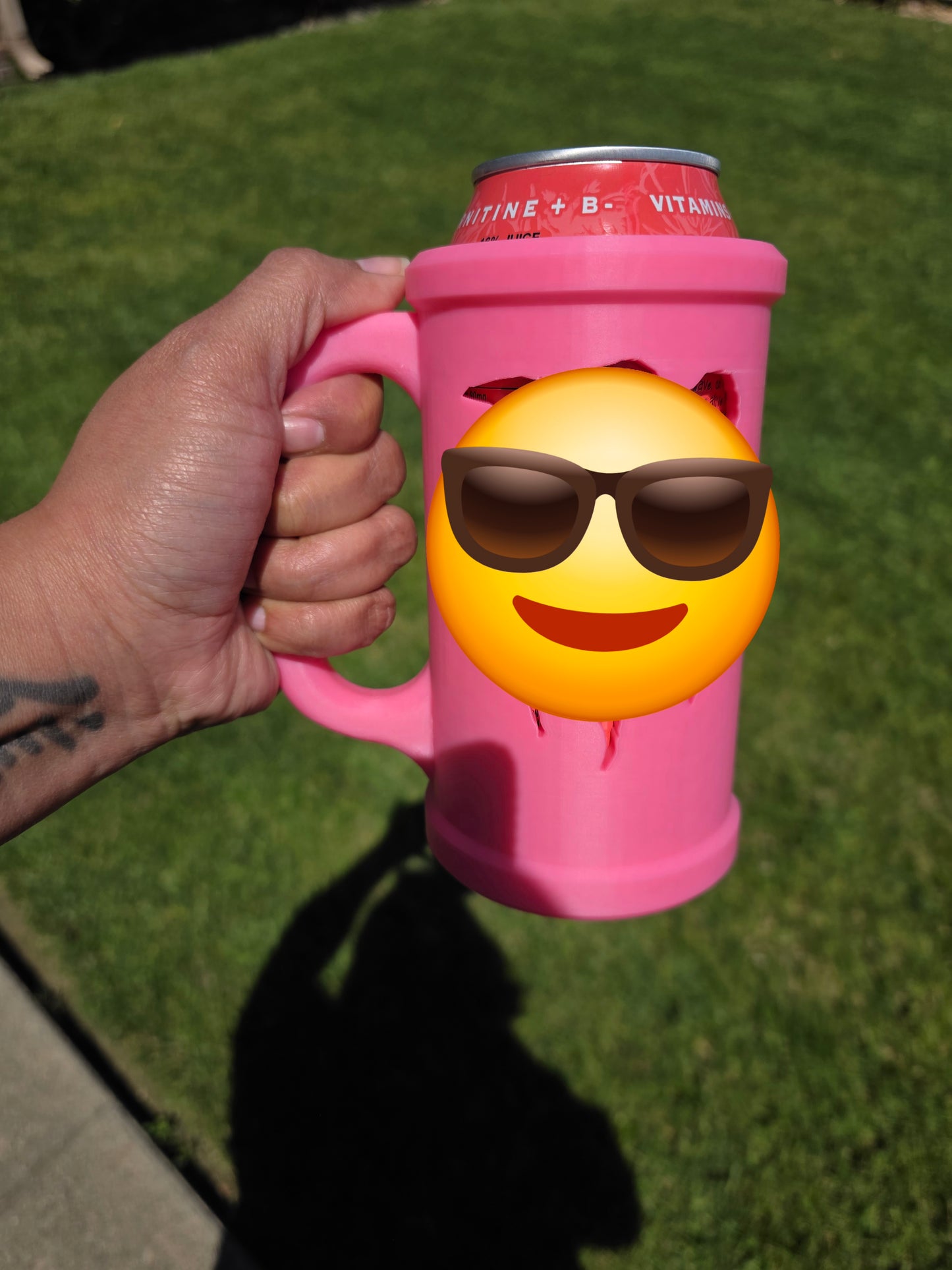 3D Printed Energy Drink Can Holder with Handle – Reusable Pink 16 oz Can Sleeve - Sized for Specific Brand M.- see description