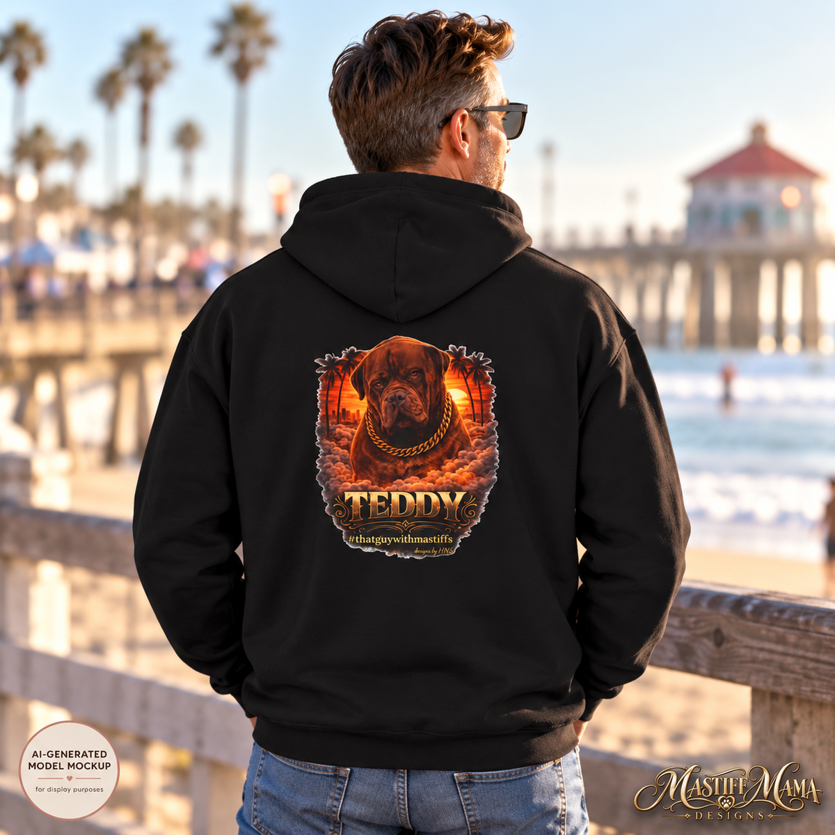 Official That Guy With Mastiffs unisex hoodie showing a large chosen Mastiff design on the back of black hoodie.