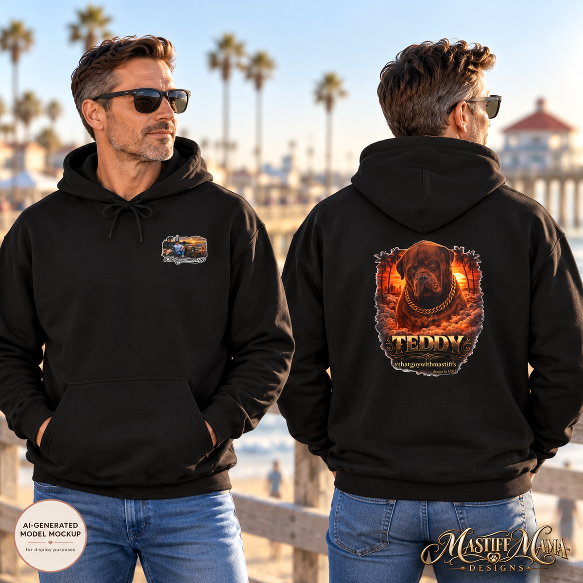 Two views of a man wearing a black hoodie in an outdoor beach setting. Official That Guy With Mastiffs hoodie showing front-left chest logo with large back design.