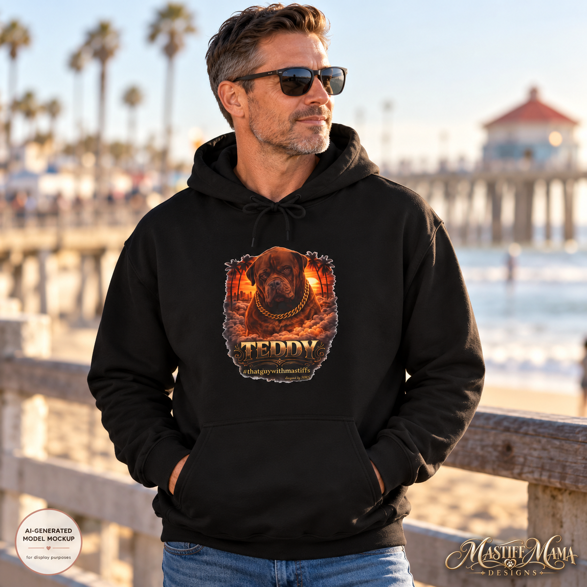 Official That Guy With Mastiffs unisex hoodie showing a large chosen Mastiff design on the front above the kangaroo pocket with a blank back.