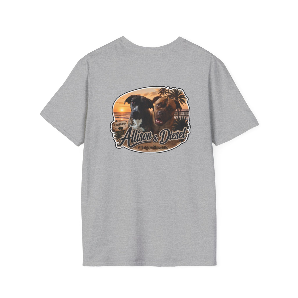 Back view of Allison and Diesel on Sport Grey Gildan Unisex Softstyle graphic tee with California sunset, palm trees, and #thatguywithmastiffs artwork.
