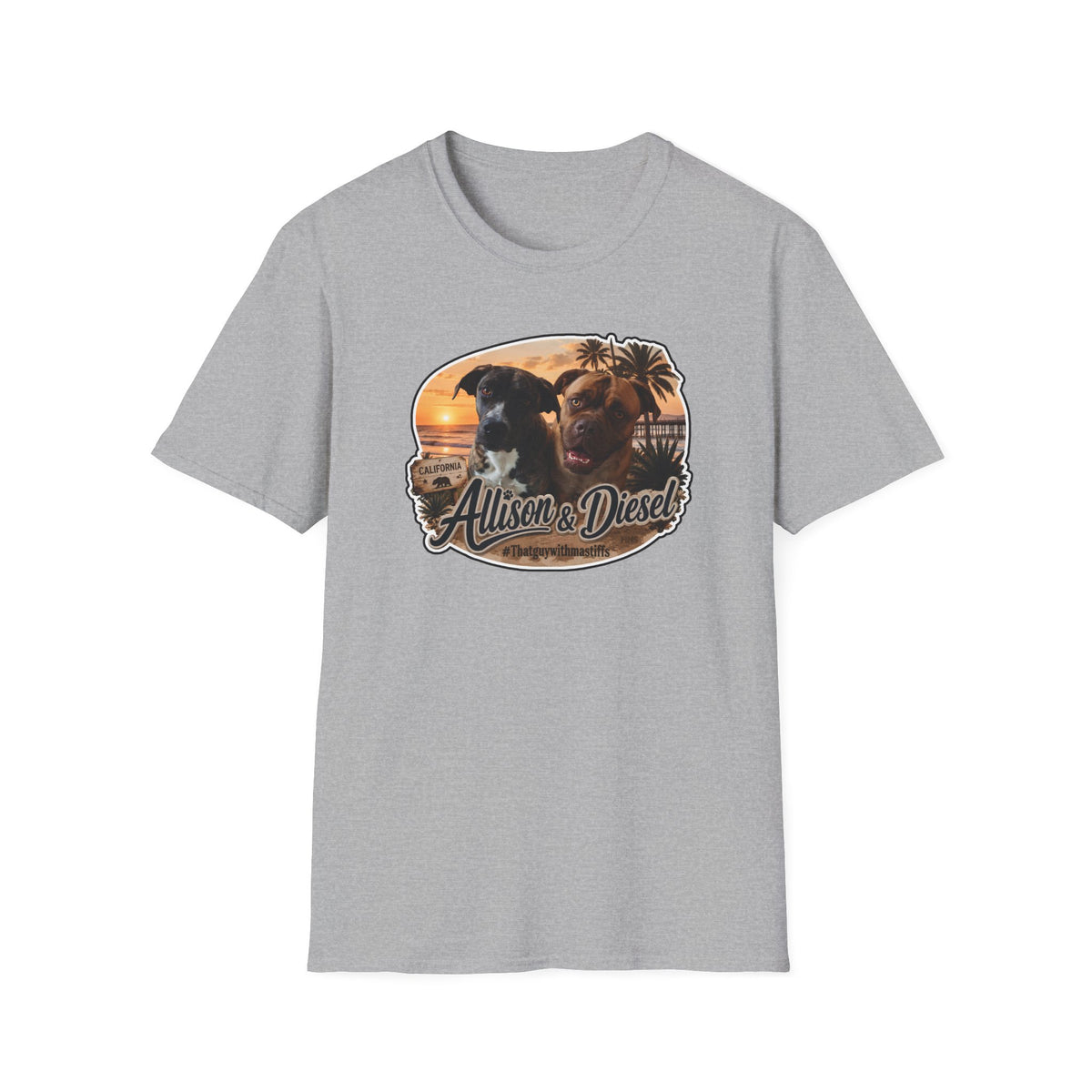 Front view of Allison and Diesel on Sport Grey Gildan Unisex Softstyle graphic tee with California sunset, palm trees, and #thatguywithmastiffs artwork.