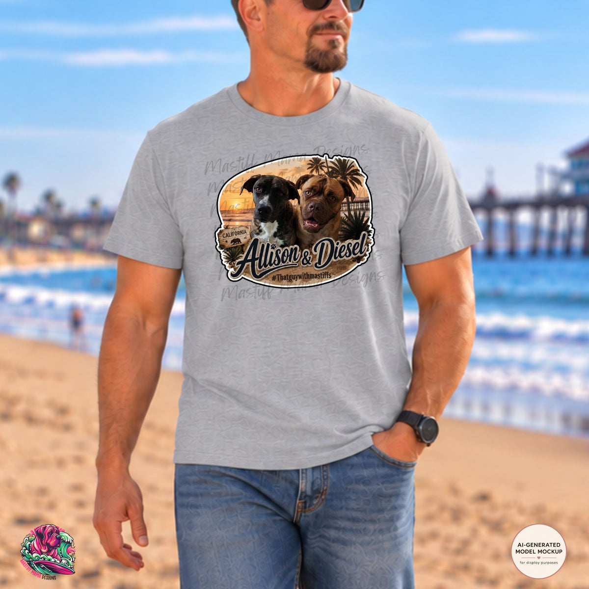 A man wearing Sport Grey Gildan Unisex Softstyle t-shirt mockup featuring Allison and Diesel sunset design, official That Guy With Mastiffs merch by Mastiff Mama Designs.