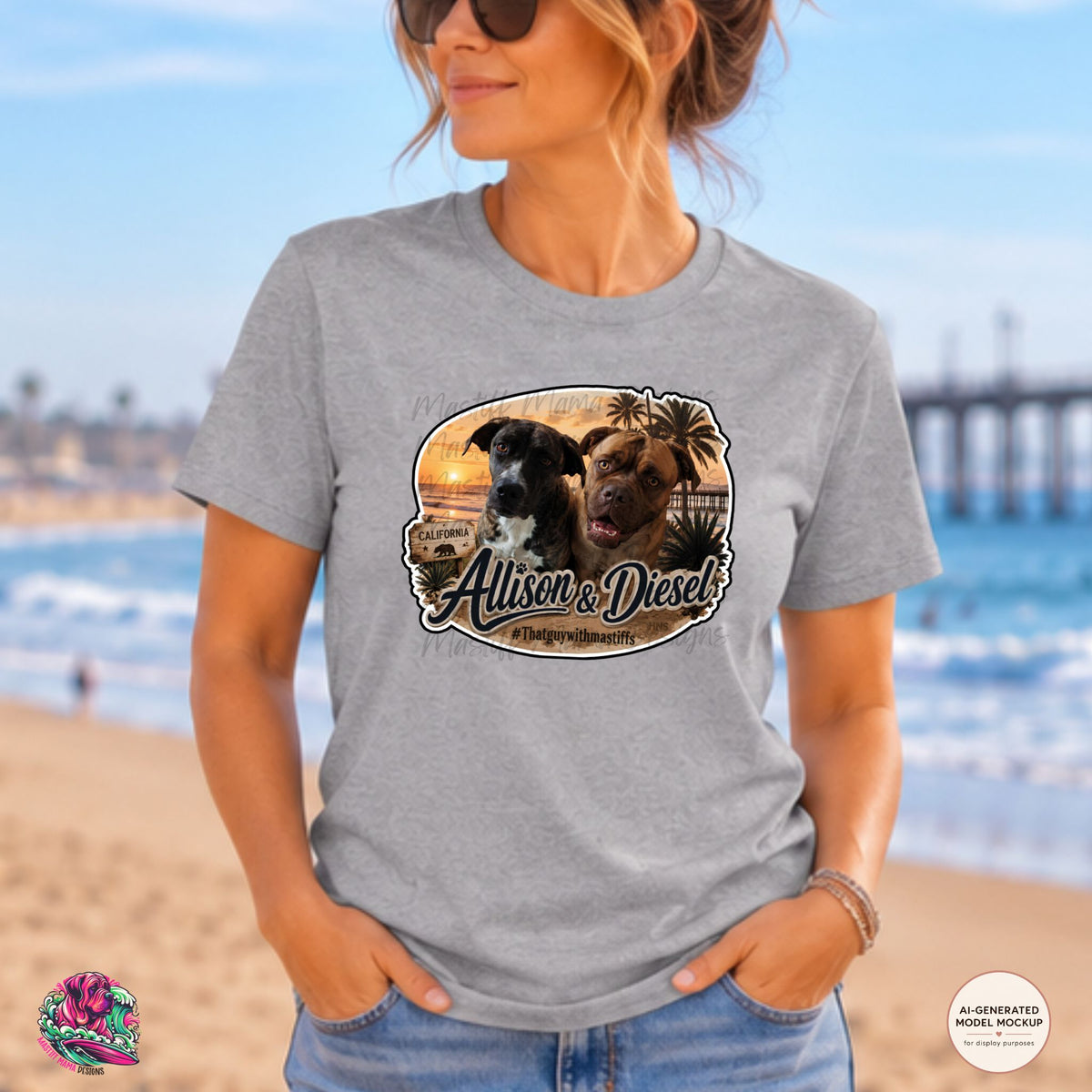 A woman wearing Sport Grey Gildan Unisex Softstyle t-shirt mockup featuring Allison and Diesel sunset design, official That Guy With Mastiffs merch by Mastiff Mama Designs.