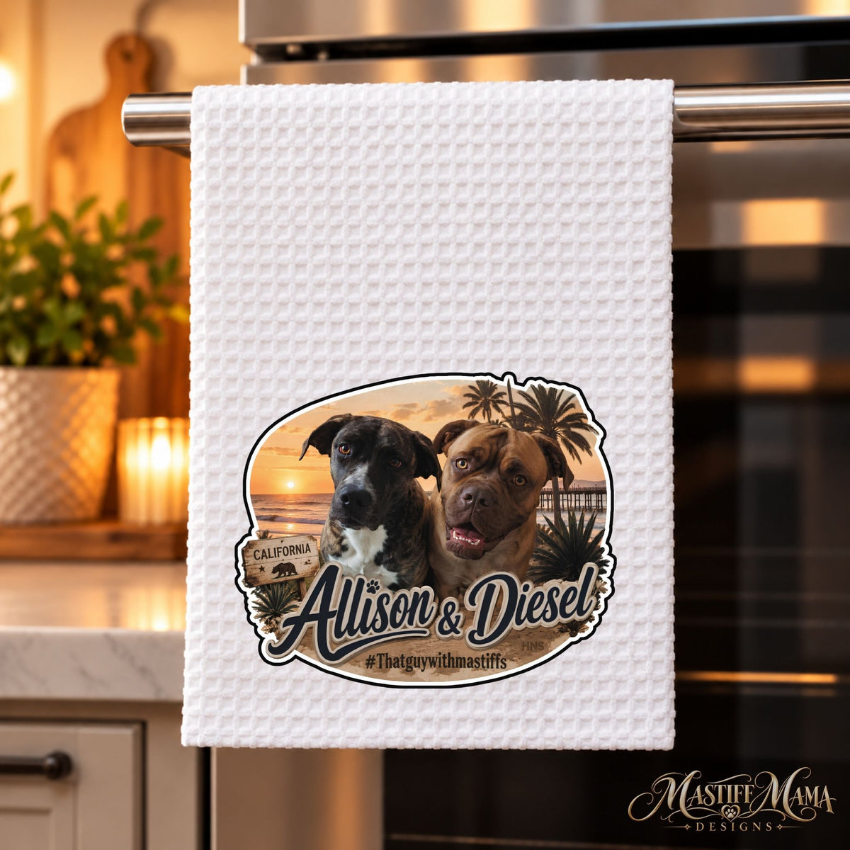 Official That Guy With Mastiffs waffle weave kitchen towel featuring an example Mastiff design on the front.