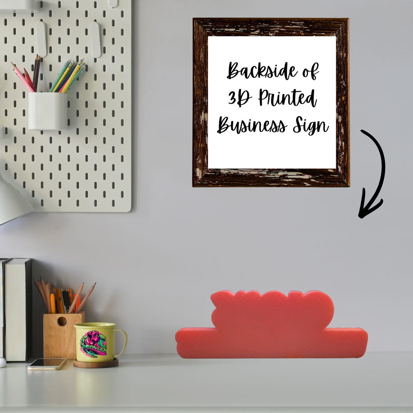 Freestanding 3D printed business name sign reading Gigi’s Customized Creations, displayed on a desk as a branded prop for product photography, vendor booths, office décor, social media content, and promotional displays. Sign measures approximately 3.25 inches high by 9.5 inches wide.