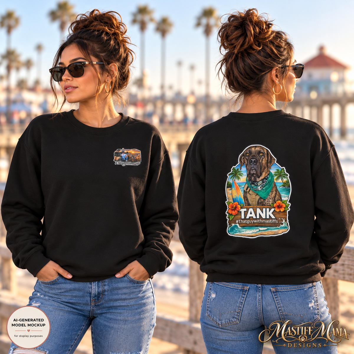 A woman modeling a black crewneck sweatshirt in front of a beach boardwalk, shown from both the front and back. The front features a small graphic on the left chest, and the back features a large graphic of a dog wearing a green bandana with tropical scenery and the text 'TANK'.