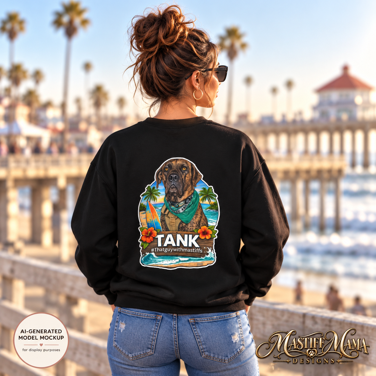 A woman viewed from behind wearing a black crewneck sweatshirt with a large graphic of a dog on the back, standing outdoors near a beach boardwalk with palm trees and water in the background.