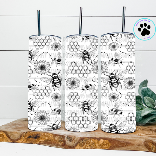 Bee Sunflower Black & White 20 oz Skinny Tumbler