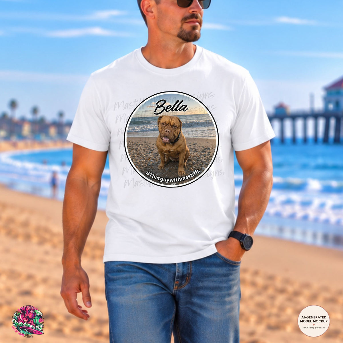A man wearing a white graphic t-shirt with a circular print Bella Coastal Queen graphic design featuring a mastiff sitting on a rocky beach with ocean waves and #thatguywithmastiffs text. Official That Guy With Mastiffs Merch.