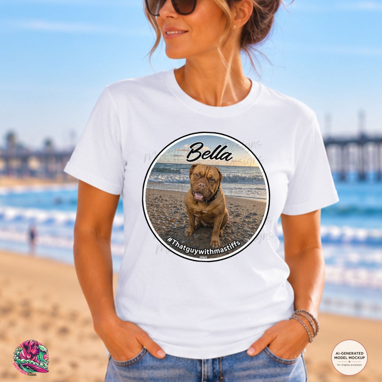 A woman wearing a white graphic t-shirt with a circular print Bella Coastal Queen graphic design featuring a mastiff sitting on a rocky beach with ocean waves and #thatguywithmastiffs text. Official That Guy With Mastiffs Merch.