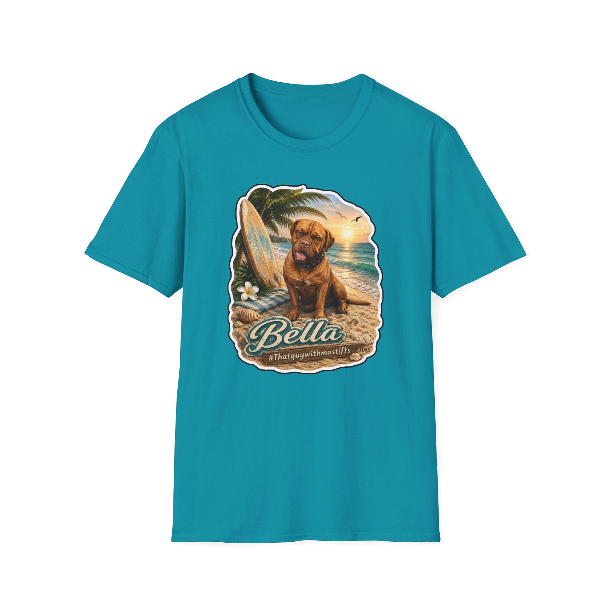 A teal blue short-sleeve crewneck t-shirt featuring a custom graphic print of a english mastiff dog on a beach with the text 'Bella.'