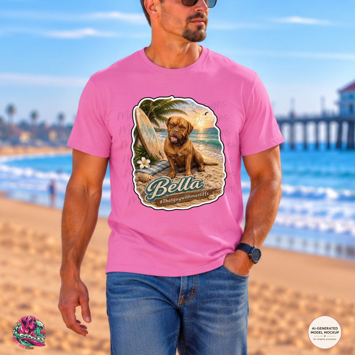 A man wearing a Gildan Softstyle Azalea tee with Bella Surfside Sweetheart mockup showing colorful beach mastiff design on it.