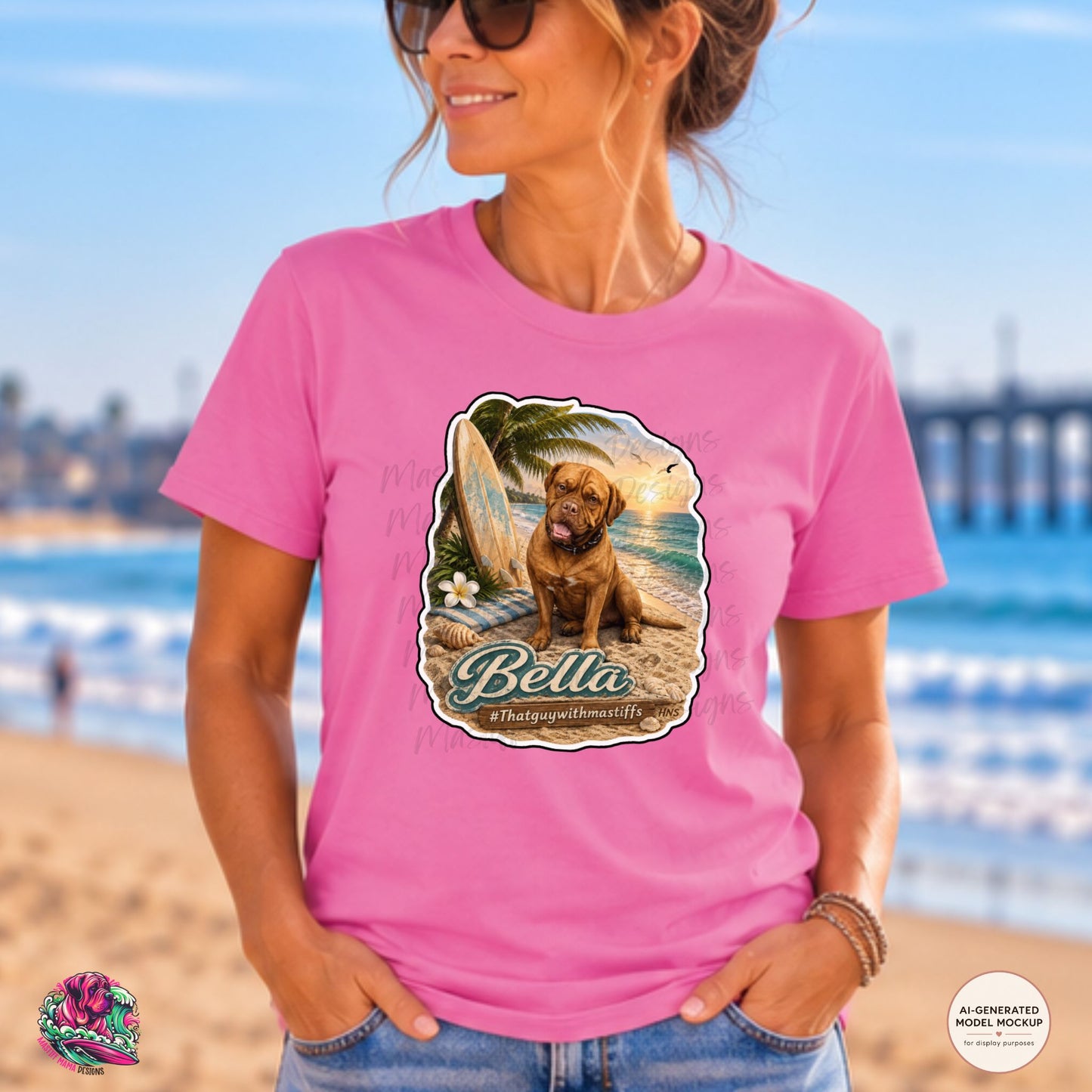 A woman wearing a Gildan Softstyle Azalea tee with Bella Surfside Sweetheart mockup showing colorful beach mastiff design on it.