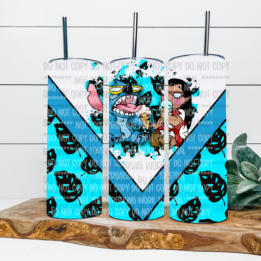 Blue Alien & Friend Characters Eating Ice Cream 20 oz Skinny Tumbler