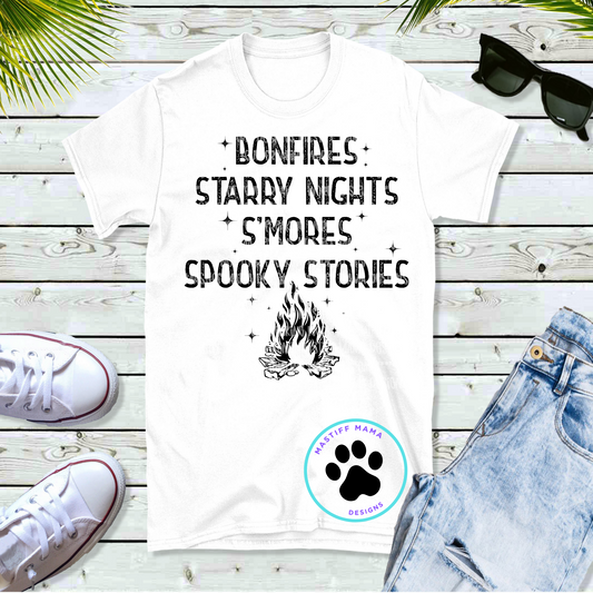 Bonfires Starry Nights S'Mores Spooky Stories Unisex White Short Sleeve Shirt