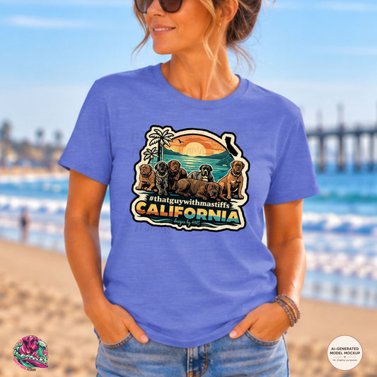 A woman wearing Heather Royal Gildan Unisex Softstyle t-shirt mockup featuring California mastiff crew beach design, official That Guy With Mastiffs merch by Mastiff Mama Designs.