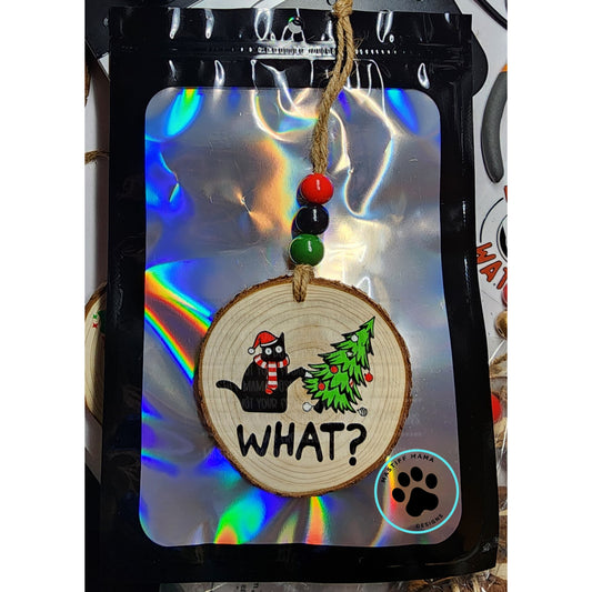 Funny Cat Saying "What" Tipping Christmas Tree Over Wooden Ornament with UVDTF - single sided