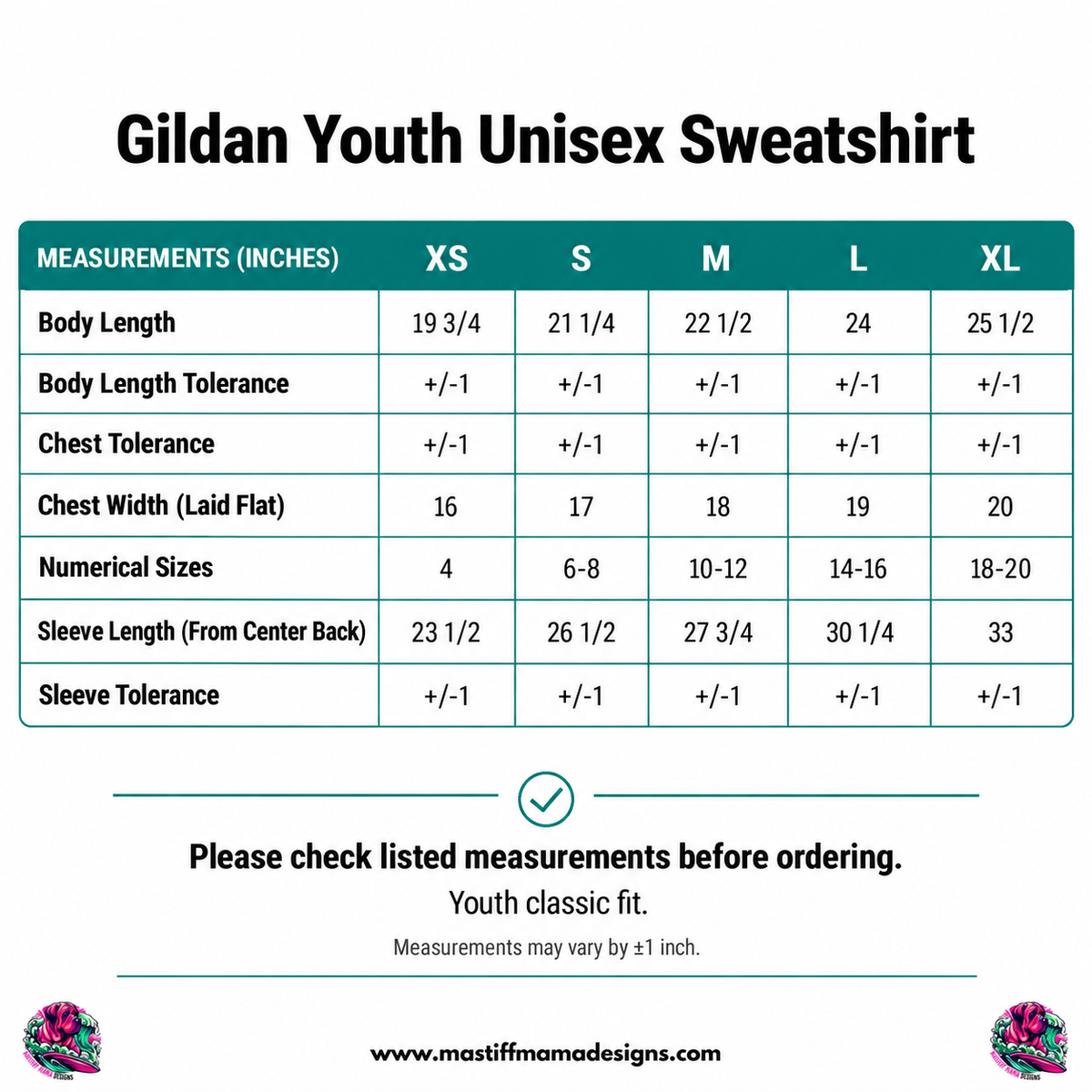 Youth unisex crewneck sweatshirt size chart showing measurements for sizes small through extra large.