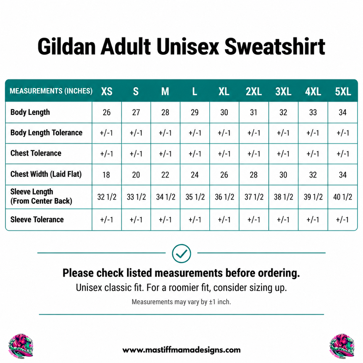 Unisex adult crewneck sweatshirt size chart poster with measurements to help customers select the correct fit.