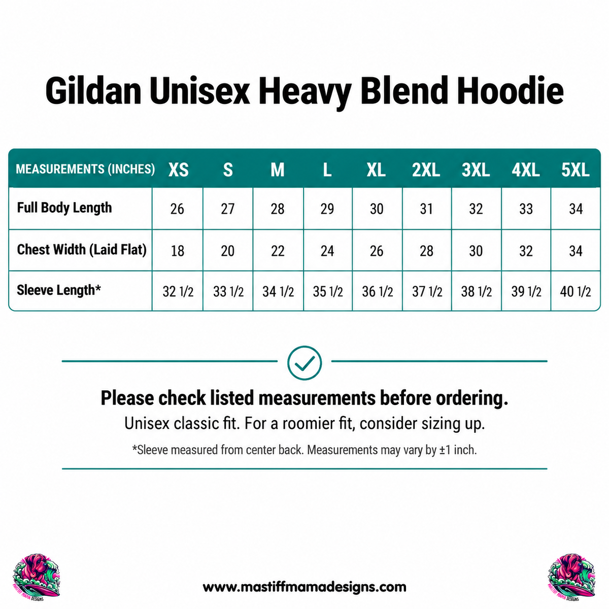 Unisex hoodie size chart poster showing measurements to help customers choose the correct adult size.