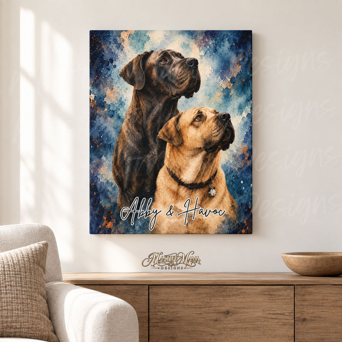 Custom watercolor wrapped canvas featuring Abby and Havoc with their names against a blue and copper watercolor-inspired background.