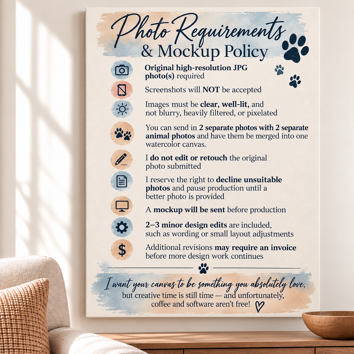 A vertical printed sign titled 'Photo Requirements & Mockup Policy' with text and small icons, displayed leaning against a wall in a styled interior setting with a pillow and wooden bowl visible.