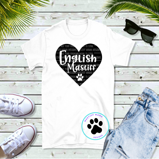 English Mastiff Heart with Paw Print Unisex White Short Sleeve Shirt