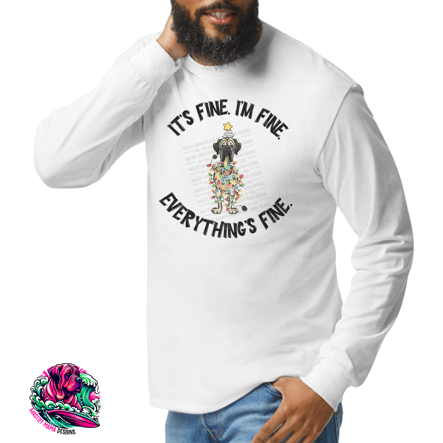 SUBLIMATION Long Sleeve Flat Frankie Shirt I'm Fine Everything's Fine Tangled In Christmas Lights- 2 Color Options Use Drop Down Menu VINTAGE