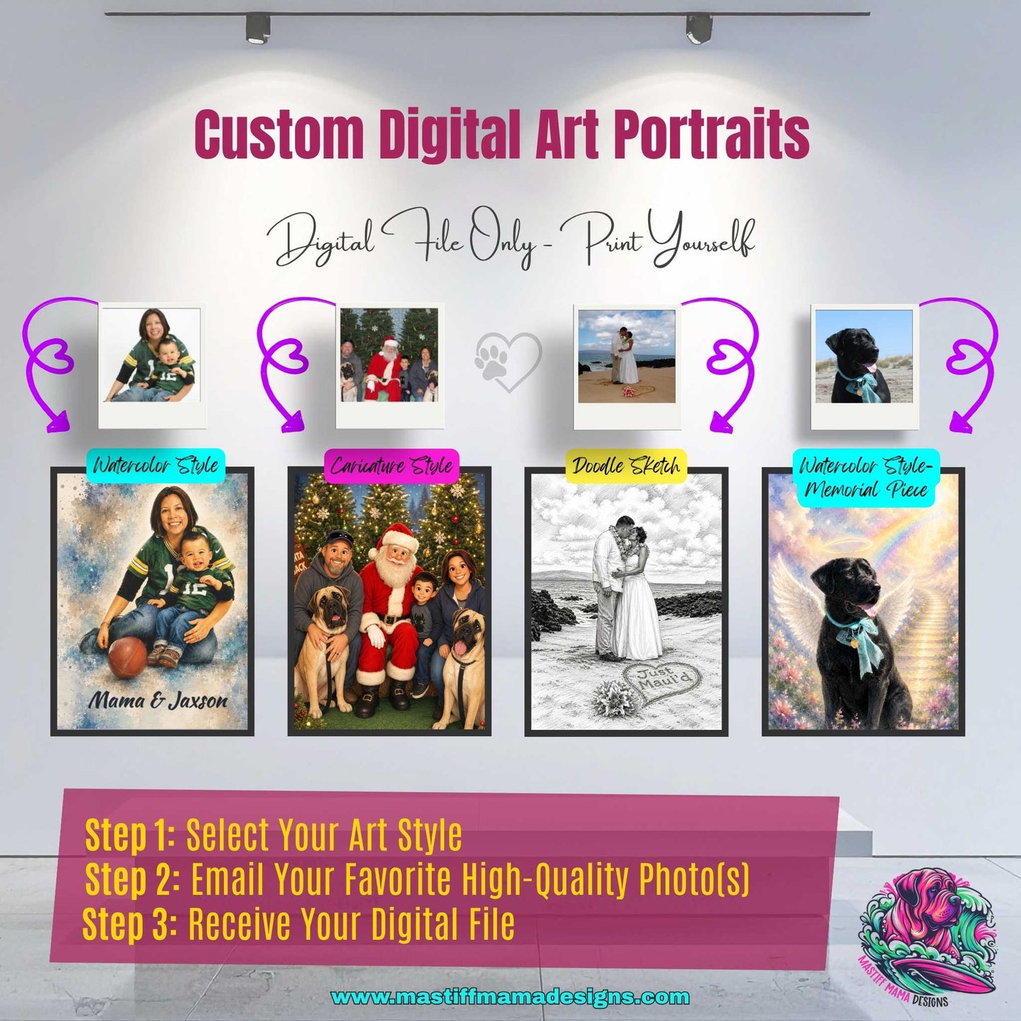 Custom Digital Art Portrait File - Watercolor, Caricature, Doodle Sketch or Memorial Style Personalized Photo Art