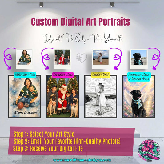 Custom Digital Art Portrait File - Watercolor, Caricature, Doodle Sketch or Memorial Style Personalized Photo Art