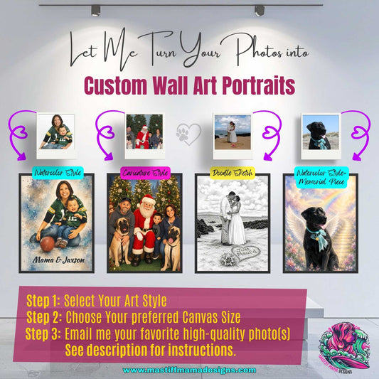 Custom Photo to Wall Art Portrait - Watercolor, Sketch & Caricature or Memorial Style Canvas