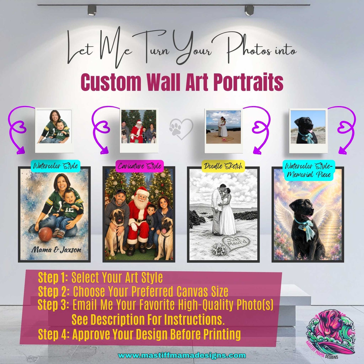 Custom Canvas Wall Art Portraits - Watercolor, Sketch & Caricature or Memorial Style - Use Drop Down Boxes to choose your art style and canvas size